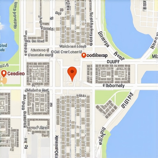 Neighborhood-Specific Local SEO Map Strategy Map highlighting neighborhood-specific business landing pages with schema markup and geo-coordinates.