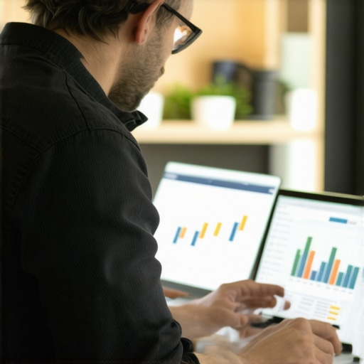 Shop owner reviewing local SEO analytics on laptop with graphs.