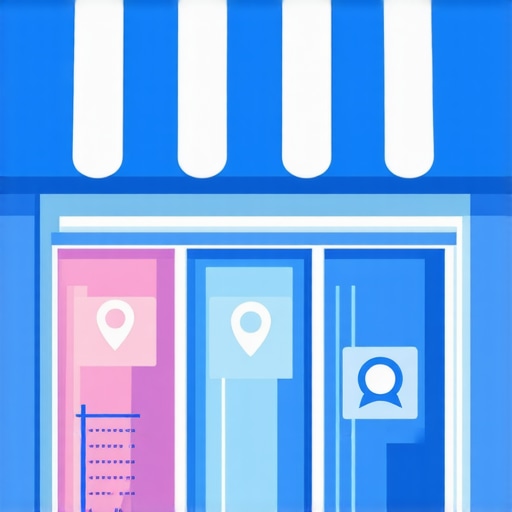 Business storefront with SEO and analytics icons overlay