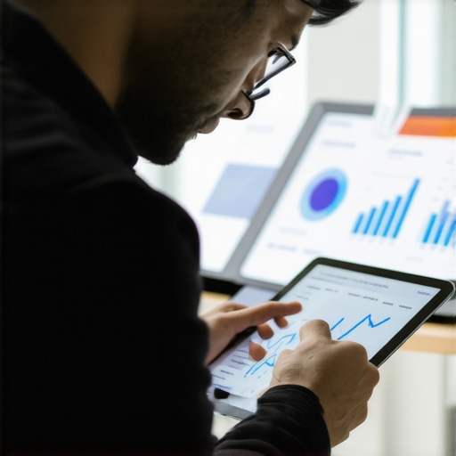 Business owner reviewing local SEO analytics on tablet with charts