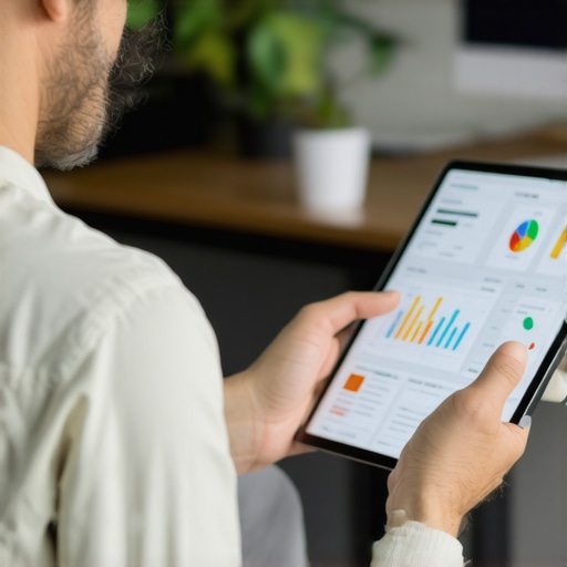 Business owner analyzing SEO analytics on a tablet for local search improvements.