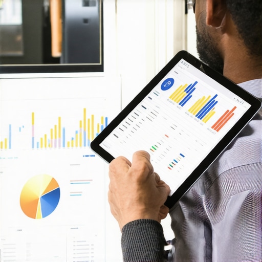 Data-Driven Local SEO Analysis Business owner reviewing local SEO analytics on a tablet with charts