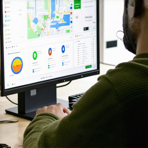 Business owner reviewing local SEO analytics on a laptop with charts and maps.