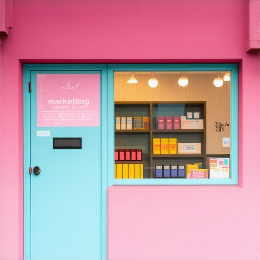 A vibrant local storefront with digital marketing icons and strategies displayed