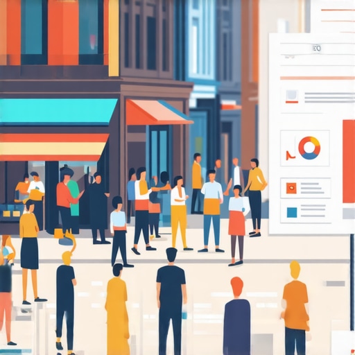 Community shopping street with digital SEO analytics overlay.