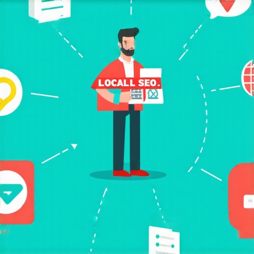 Local Business SEO Visualization A digital illustration of a small shop with magnifying glass and search icons representing local SEO