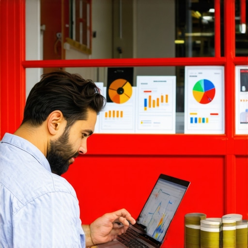 Shop owner reviewing local SEO analytics on laptop with shop frontage