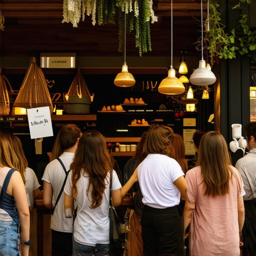 Happy customers shopping at a lively small retail store, representing community engagement and business success.