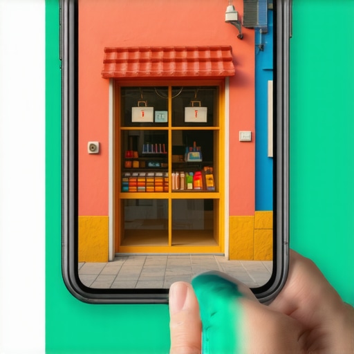 Smartphone displaying an AR overlay of a small shop's interior