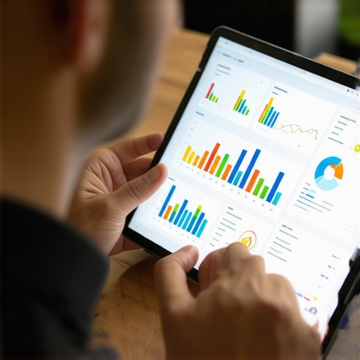 Business owner reviewing marketing analytics on a tablet, showcasing local SEO insights.