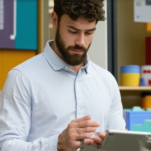 Shop owner reviewing SEO analytics on a tablet with local community signage