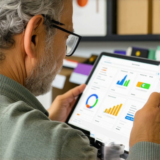 Small shop owner reviewing SEO analytics related to voice search trends on a tablet.