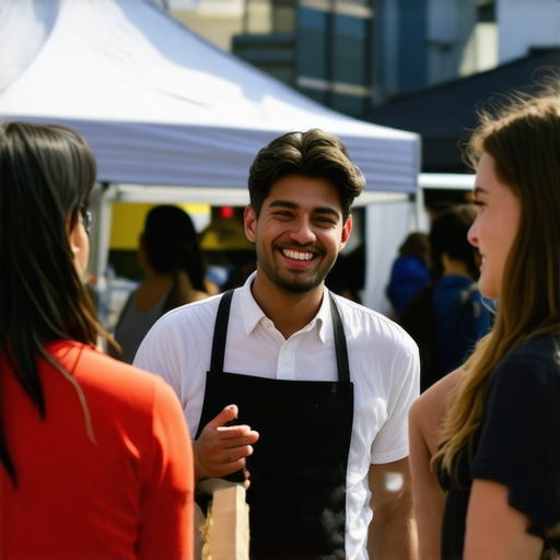 Business owner interacting with community members at a local event to enhance visibility.