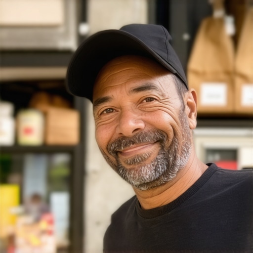 Shop owner interacting with customers and community outdoors.