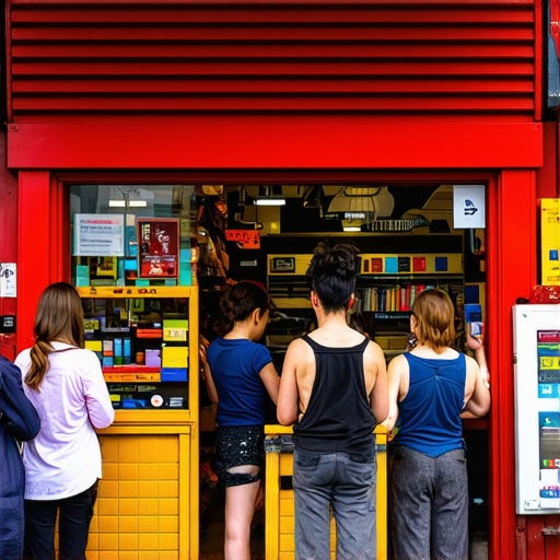 Community-Focused Small Shop Exterior Small shop storefront with lively customers, colorful signage, and local community ambiance.