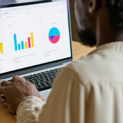 Business owner reviewing digital analytics for local SEO insights.