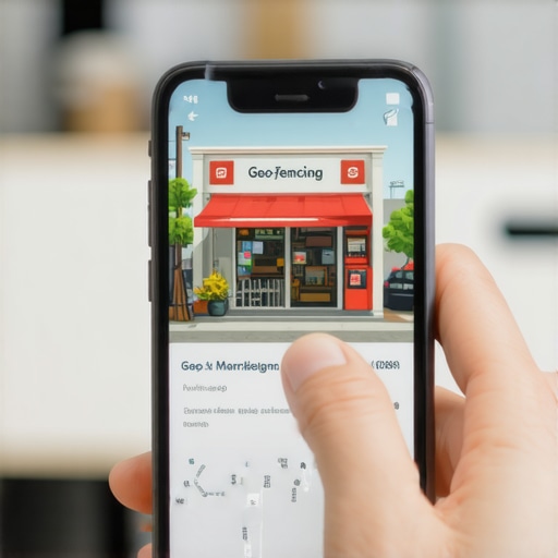 Smartphone screen showing geo-fencing advertising interface in a retail setting.