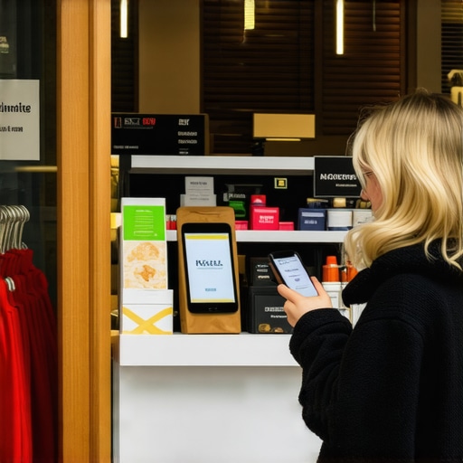 Customer receiving geo-fenced promotional notification on mobile device in front of local shop.