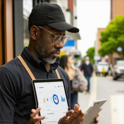 Harnessing Data Analytics for Local SEO Success A shop owner analyzing local SEO data on a tablet in their storefront.