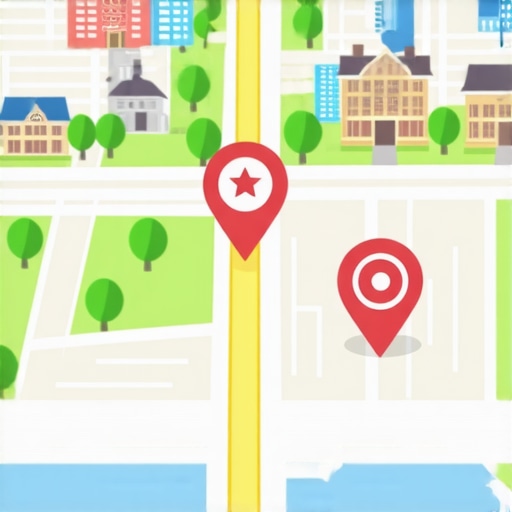 Map highlighting a small retail shop's targeted neighborhood with digital icons representing SEO strategies