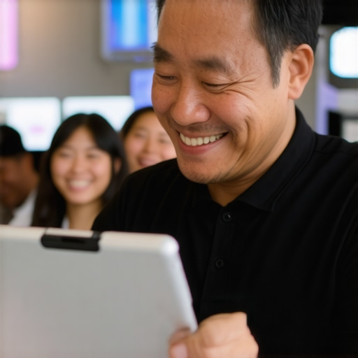 Shop owner engaging with AI chatbot on a tablet in a bustling retail environment