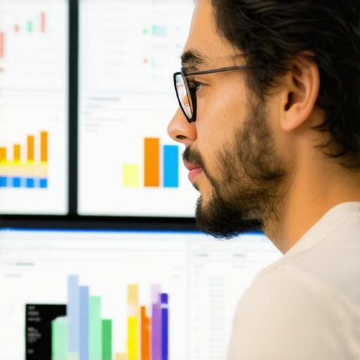 Business owner analyzing local consumer data and SEO metrics on digital screens.