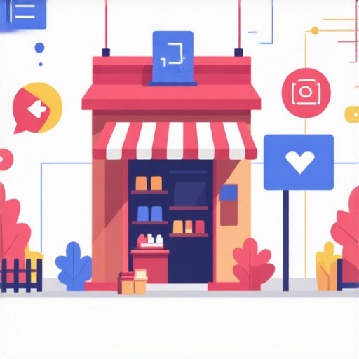 Illustration showing a small shop with community icons and SEO analytics symbols.