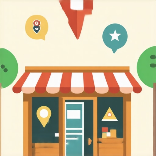 Illustration showing a small shop surrounded by a map and SEO symbols.