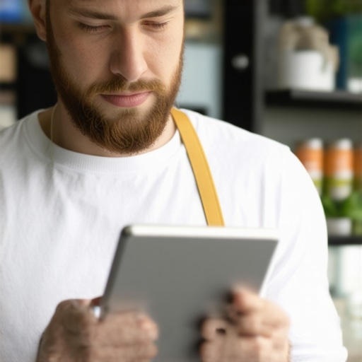 Business owner reviewing local SEO analytics on a tablet.