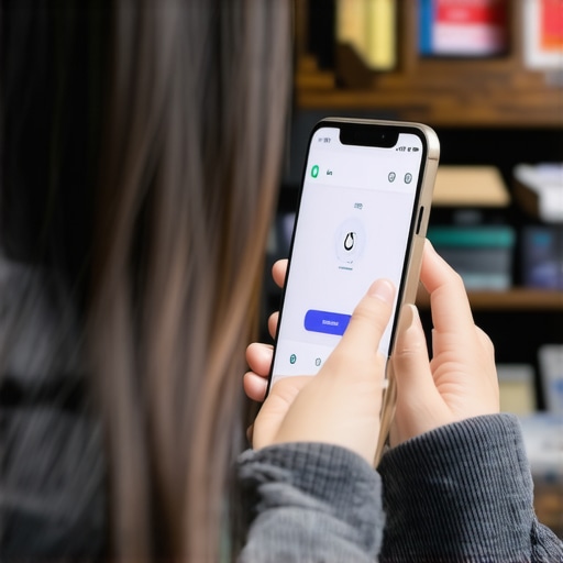 Person using voice search on mobile device in local shop environment