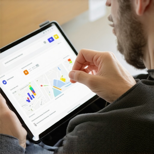 Small Business Owner Using Data Analytics for Local SEO Business owner reviewing local SEO analytics on a tablet device.