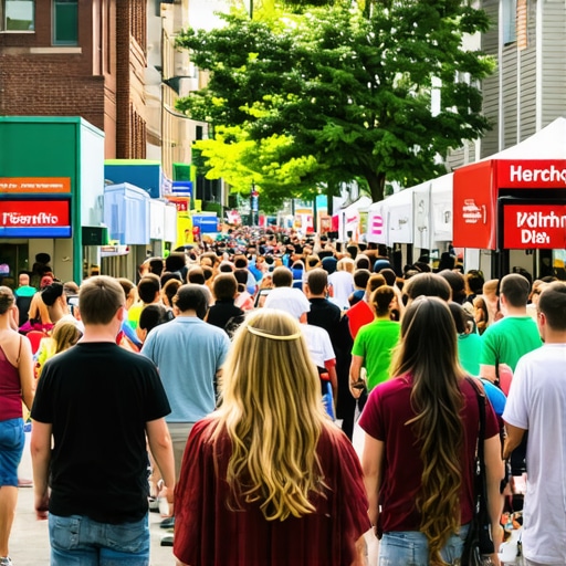 Crowd at a local market event with small business stalls and colorful banners