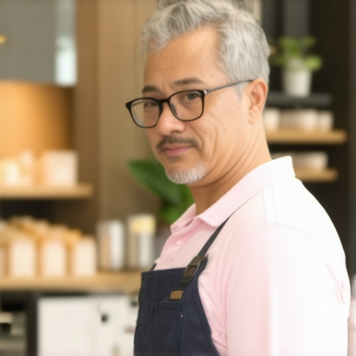 A shop owner interacting with a smart device to optimize local search presence.