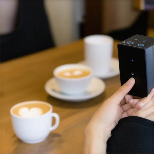 Voice Search Optimization in Local Business Person speaking to a smart speaker while inside a cozy coffee shop, illustrating voice search for local services.