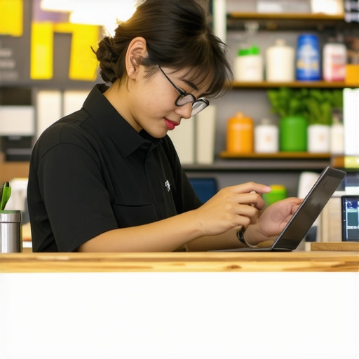 AI-Powered Local Business Interaction Small shop owner using AI-enabled device to interact with community