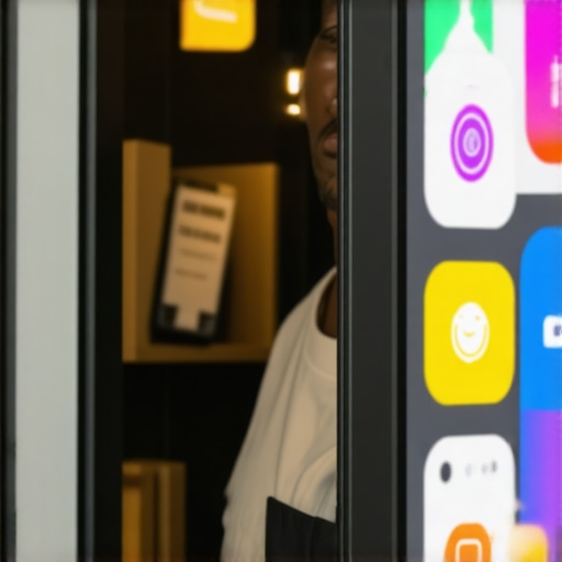 Small shop owner using a tablet with AI and voice search icons overlay