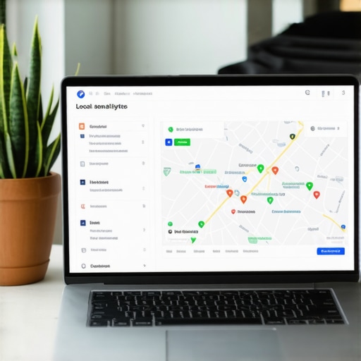 Laptop screen displaying local SEO and analytics data with city map