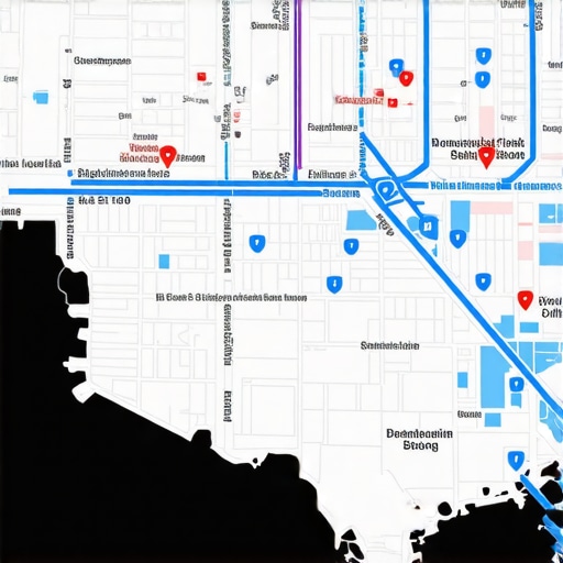 Digital map showing local business rankings and technological overlays