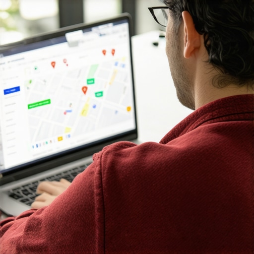 Business owner reviewing digital analytics with local SEO metrics