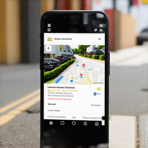 Smartphone screen showing local business results with AR features over neighborhood background.