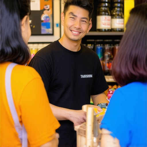 Shop owner interacting with community members in a lively neighborhood
