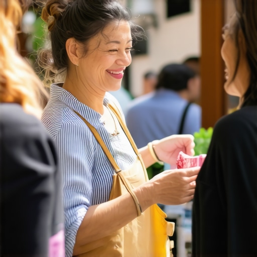 Small shop owner interacting with local customers at a community event.