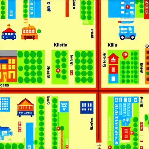 Colorful neighborhood map with small business icons and landmarks.