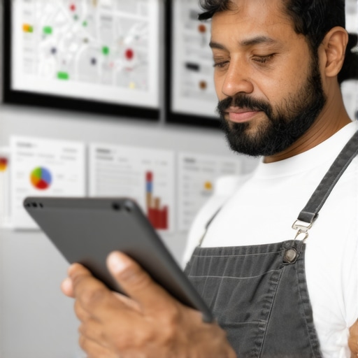 Shop owner reviewing analytics and maps on a digital device for local SEO improvements.