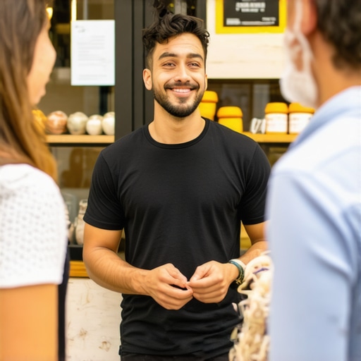 Shop owner interacting with customers outside their store