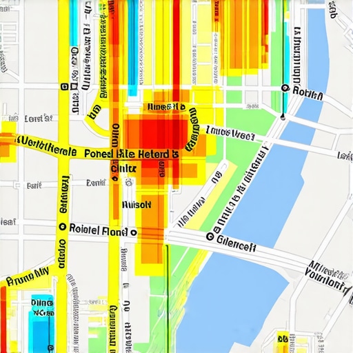 Geospatial Heat Map for Local Marketing Color-coded map displaying pedestrian density hotspots for targeted local advertising.