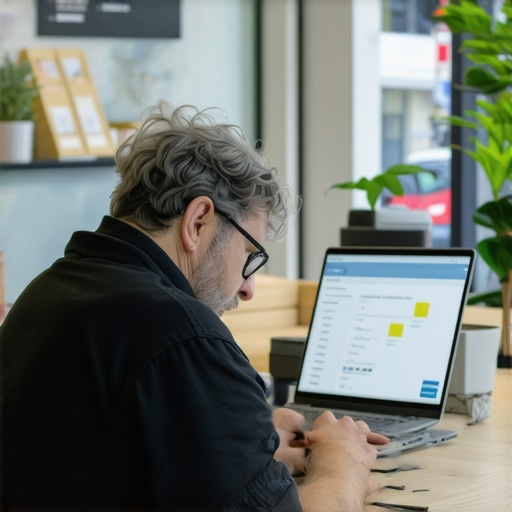 Small business owner leveraging AI-powered SEO tools in a modern workspace to improve local search rankings.