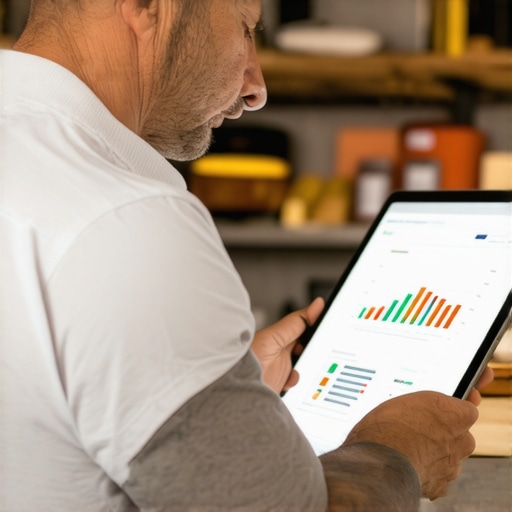 Small shop owner reviewing analytics dashboard on touchscreen device.