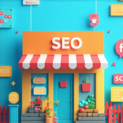 Innovative Local SEO for Small Shops Digital marketing icons surrounding a small local shop indicating advanced SEO techniques.