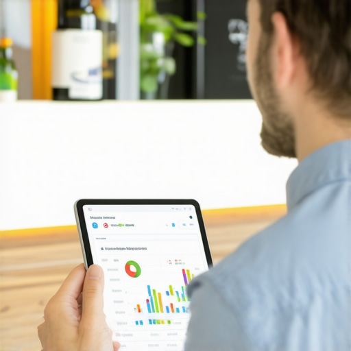 Business owner analyzing local search data with AR overlay on tablet screen.